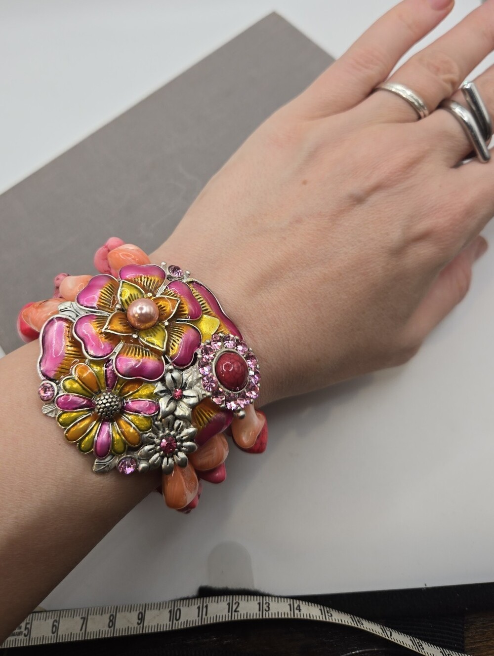 Silver Pink Enamel Cloisonne Flower Bracelet Fairycore whimsical 6" CZ Crystals